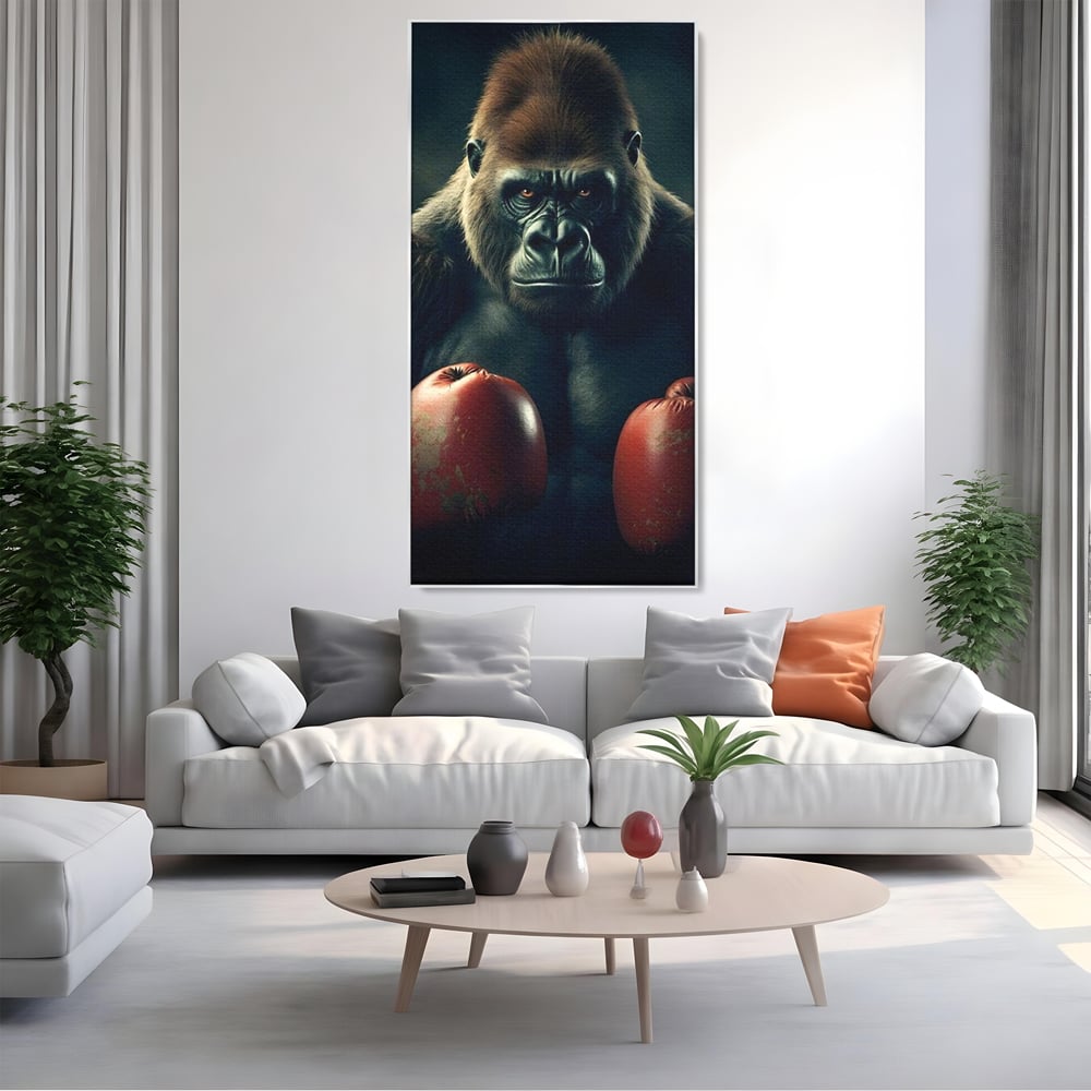 Tablou canvas cu tablou canvas cu gorila boxer, in rama de aluminiu argintiu, pe perete intr-un living